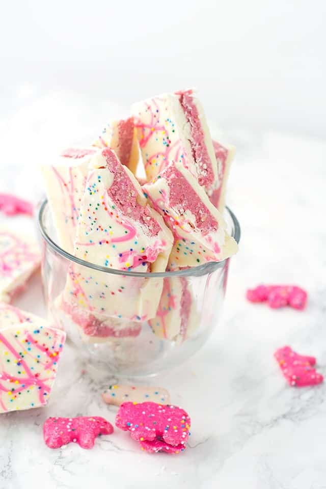 a bowl of Frosted Animal Cracker white chocolate bark