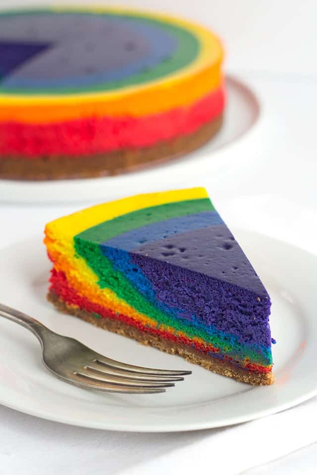 vibrant colored slice of Rainbow Cheesecake 