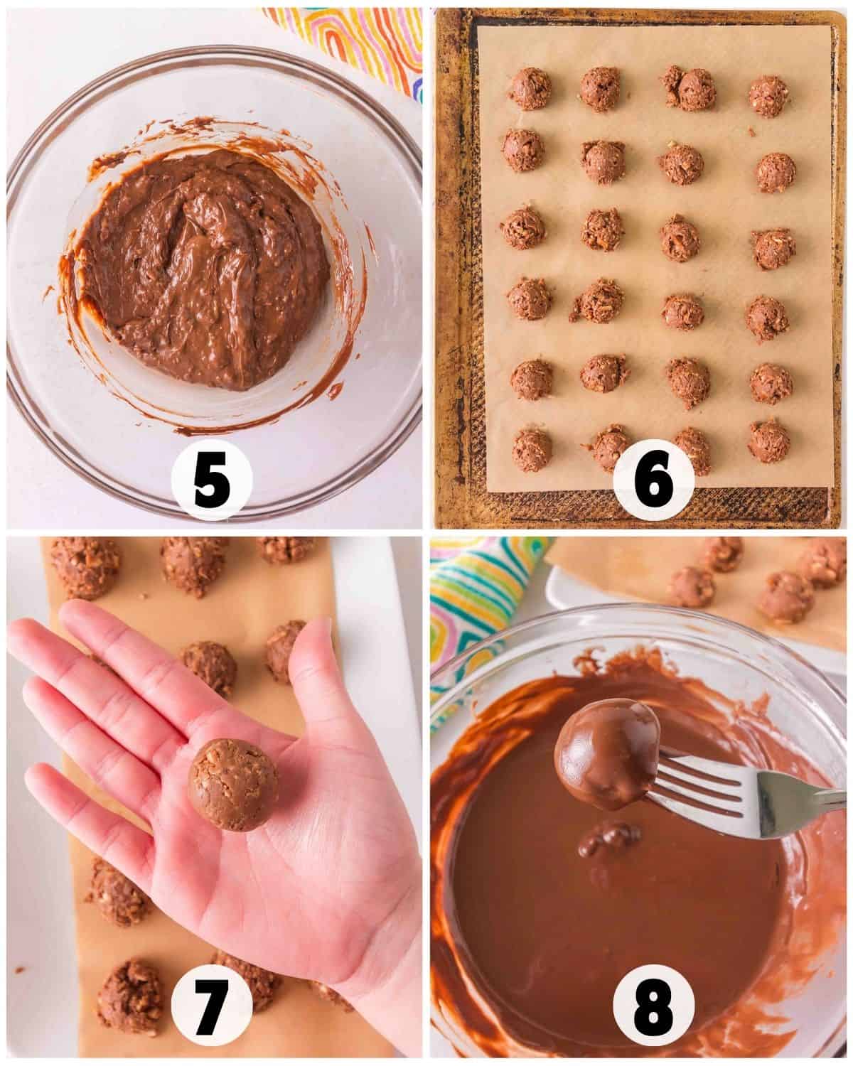 Step-by-step process of making German Chocolate Truffles: mixing batter, shaping into balls, placing on a tray, and dipping into smooth melted chocolate.