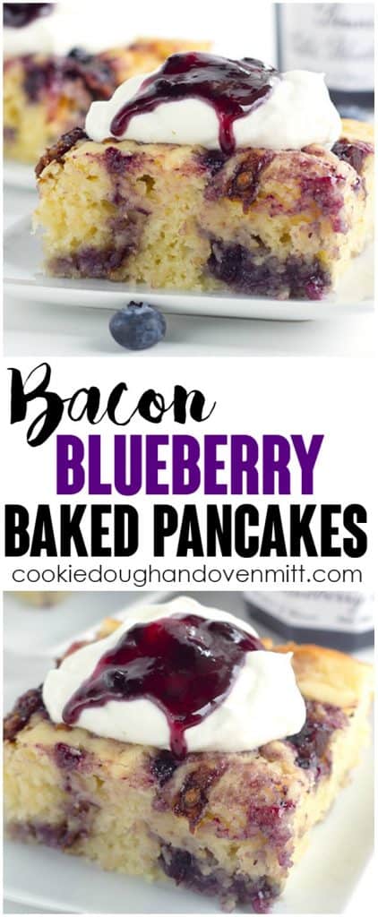 Bacon Blueberry Baked Pancakes - Need to feed a crowd or maybe just want to make a big brunch?This baked pancake done in a casserole dish is the way to go. It's packed with candied bacon, blueberry preserves, and brie cheese. Top with whipped cream and some more preserves and eat up!