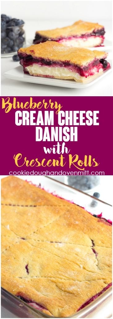 Blueberry Cream Cheese Danish with Crescent Rolls - Need a dessert that will feed a crowd? This blueberry cream cheese danish with crescent rolls is perfect! There's a fresh blueberry filling loaded on top of a cheesecake and sandwiched between crescent rolls!