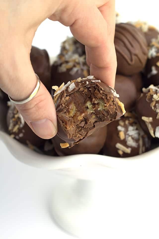 German Chocolate Truffles - you know the german chocolate cake filling? That is inside of these truffles along with some german chocolate to firm them up. I went a step further and toasted the coconut and pecans because why not. 