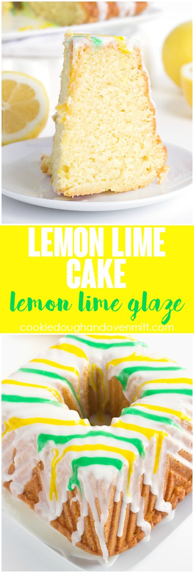 Tangy Lemon Lime Cake with Lemon Lime Glaze - It's a dense made from scratch pound cake with a box of lemon pudding and lime juice added in. The vibrant green and yellow stripes pop every bit as much as the flavor!