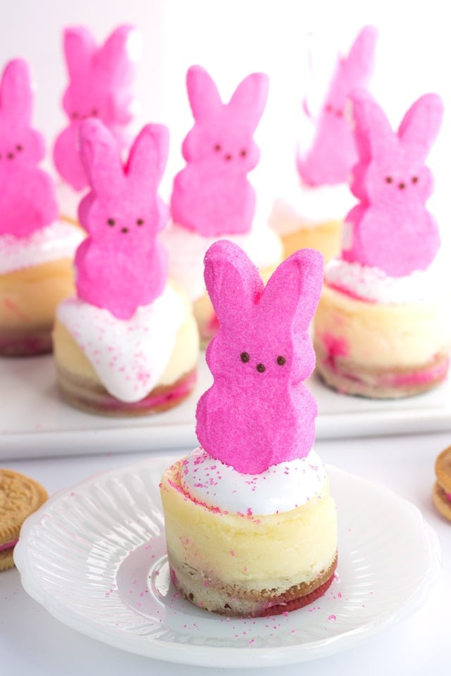 Mini Peeps Cheesecakes - The mini Easter cheesecakes start with a peeps oreo bottom, a vanilla cheesecake layer with a dot of pink in the center for a pop of color, and topped with marshmallow creme, sprinkles and a peeps bunny!