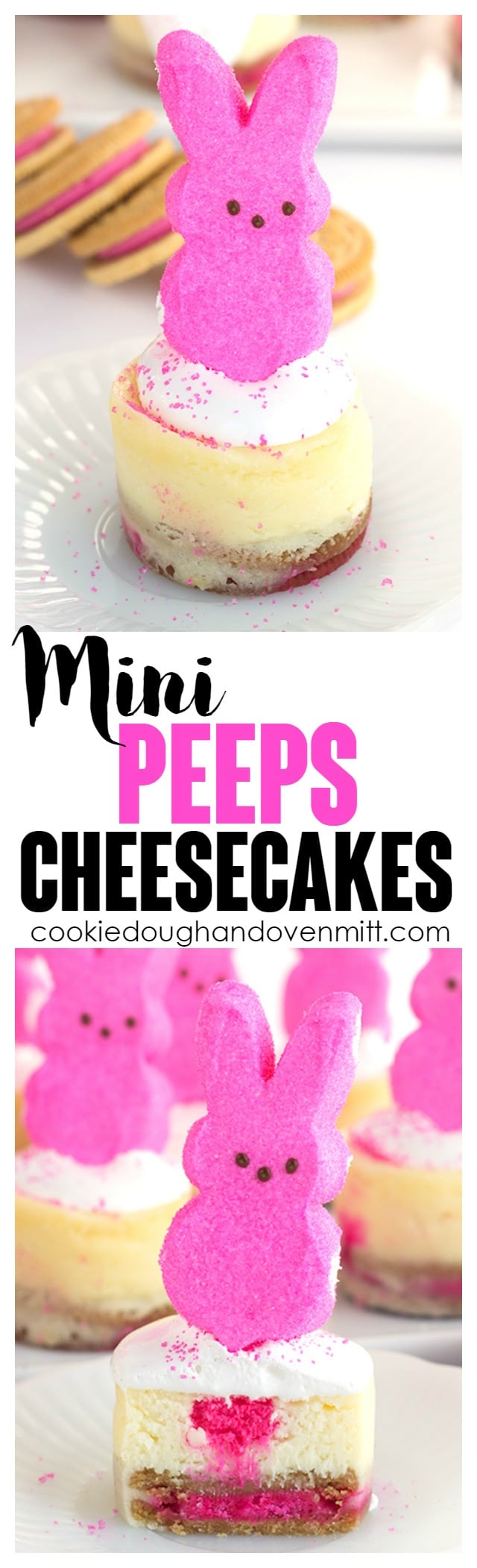 Mini Peeps Cheesecakes - The mini Easter cheesecakes start with a peeps oreo bottom, a vanilla cheesecake layer with a dot of pink in the center for a pop of color, and topped with marshmallow creme, sprinkles and a peeps bunny!