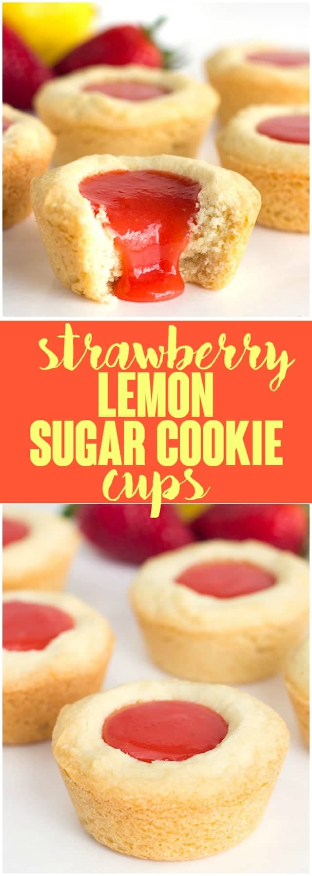 Strawberry Lemon Sugar Cookie Cups - tender sugar cookies baked in a cupcake tin. They're filled with a sweet and tangy strawberry lemon curd and make the perfect summertime cookie!