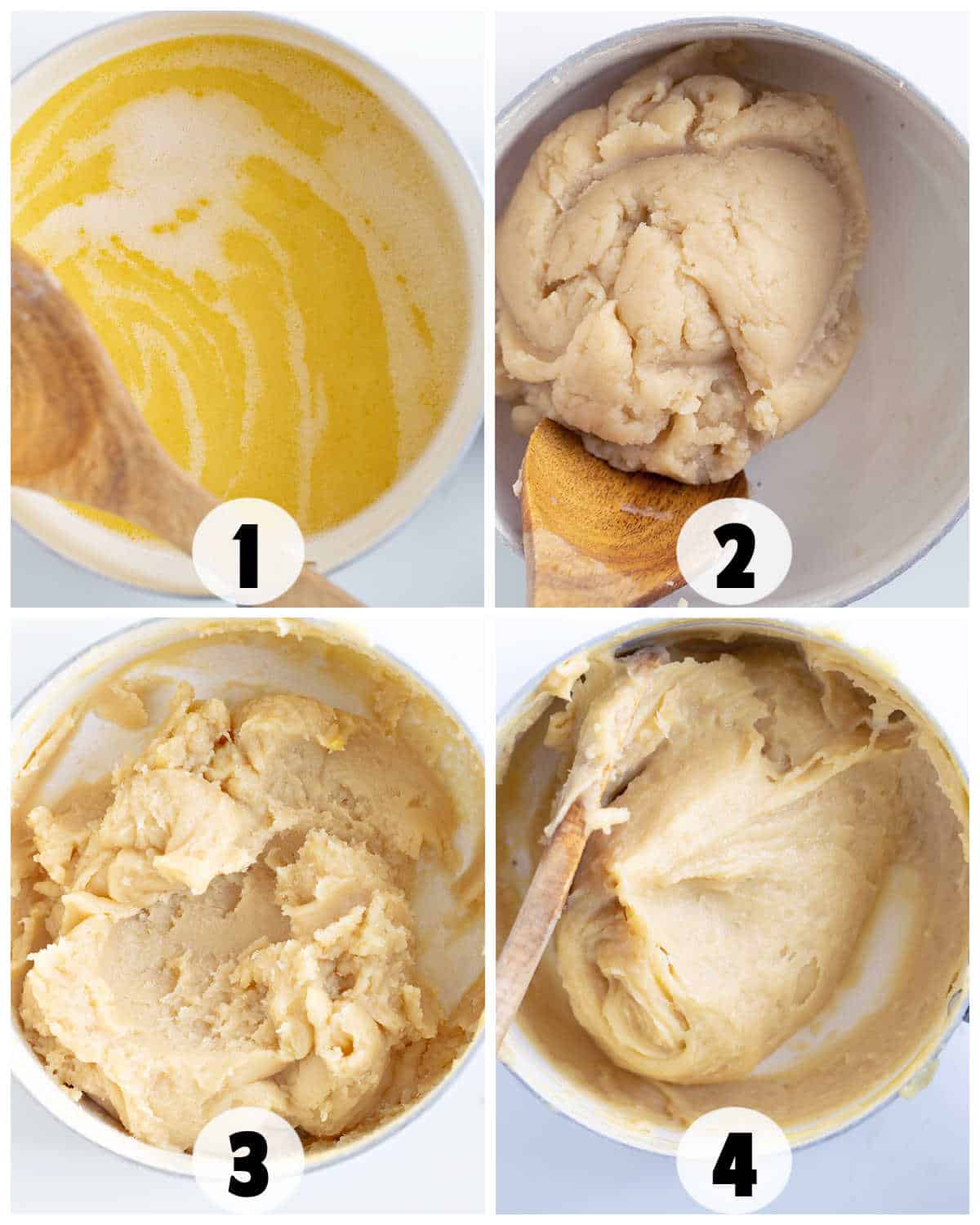 Four steps of mixing dough for Baked Churros in a white bowl with a wooden spoon: melted butter, combined dough, slightly mixed dough, and smooth finished dough. Each step is labeled 1 to 4.