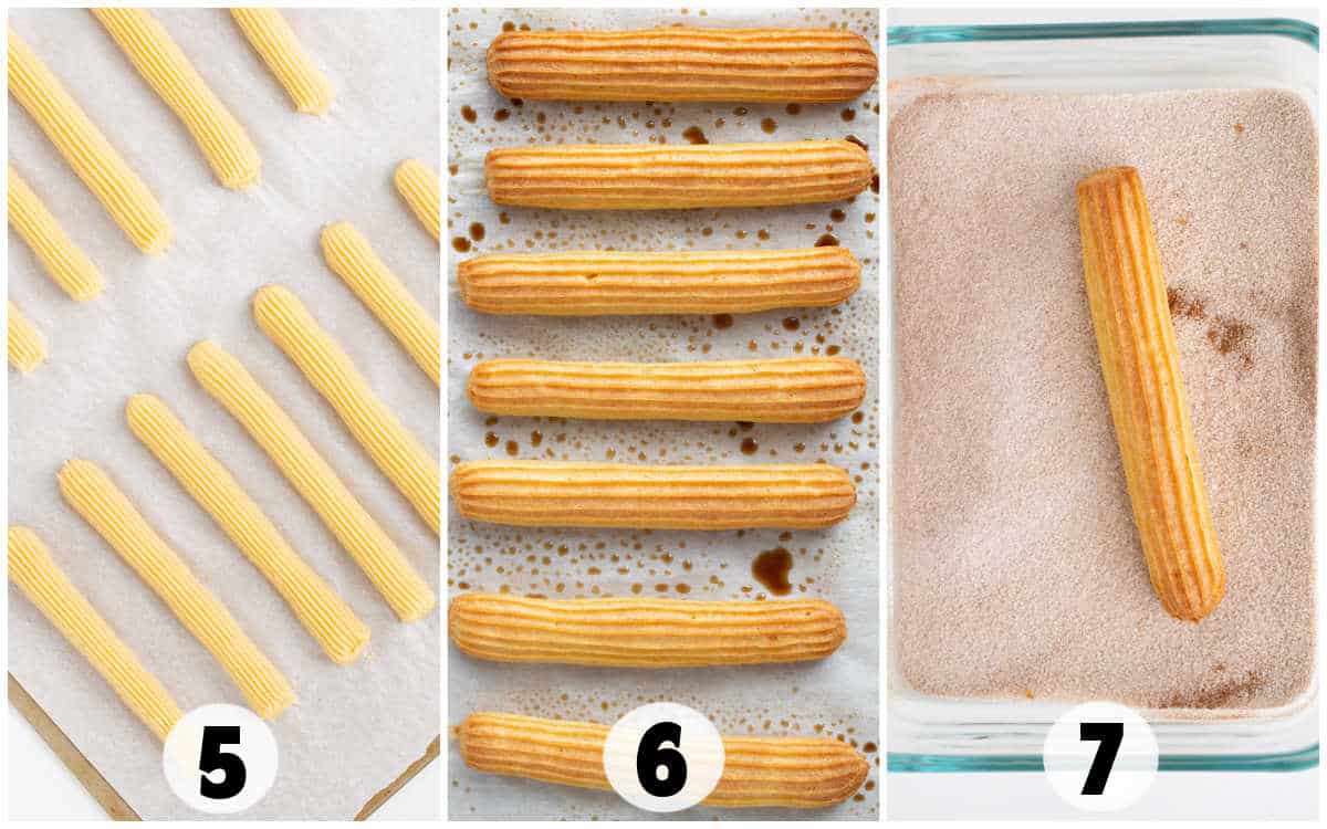 Three-step process of making Baked Churros: piped dough on a tray (5), baked churros on parchment (6), and a churro being coated in cinnamon sugar in a glass dish (7).