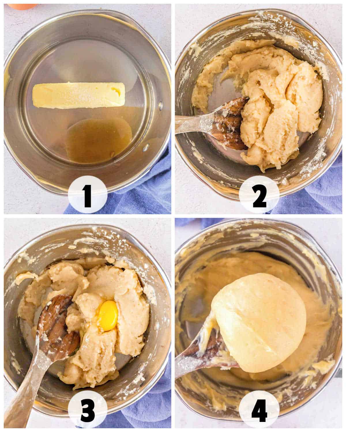 Follow this four-step process for perfect Churro Ice Cream Cups: melt butter in a bowl, mix dough, add an egg, and stir until smooth.