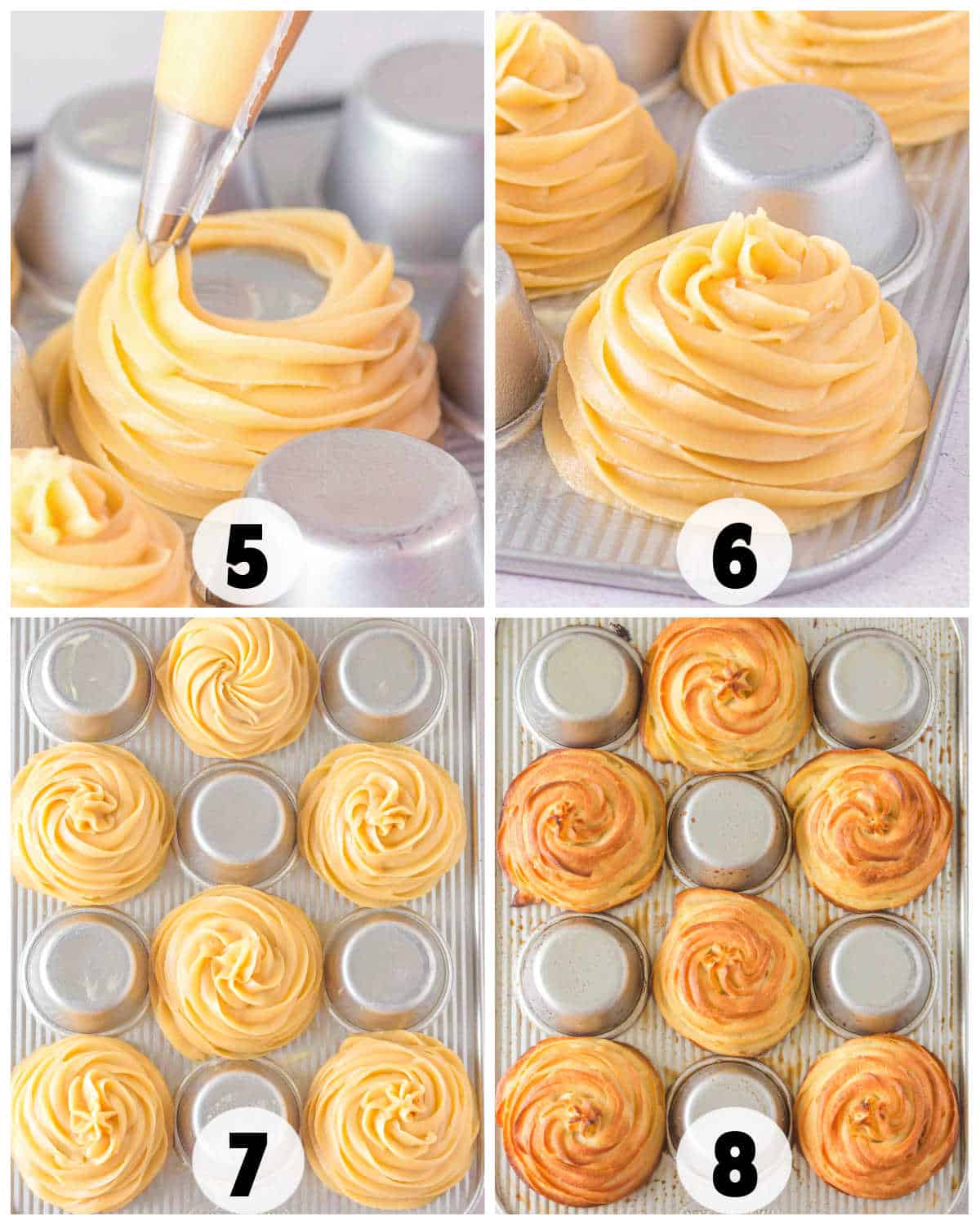 Four images show Churro Ice Cream Cups in progress, with piped pastry dough around inverted muffin tins, numbered 5–8, transforming from raw dough to golden-brown baked pastry rings.