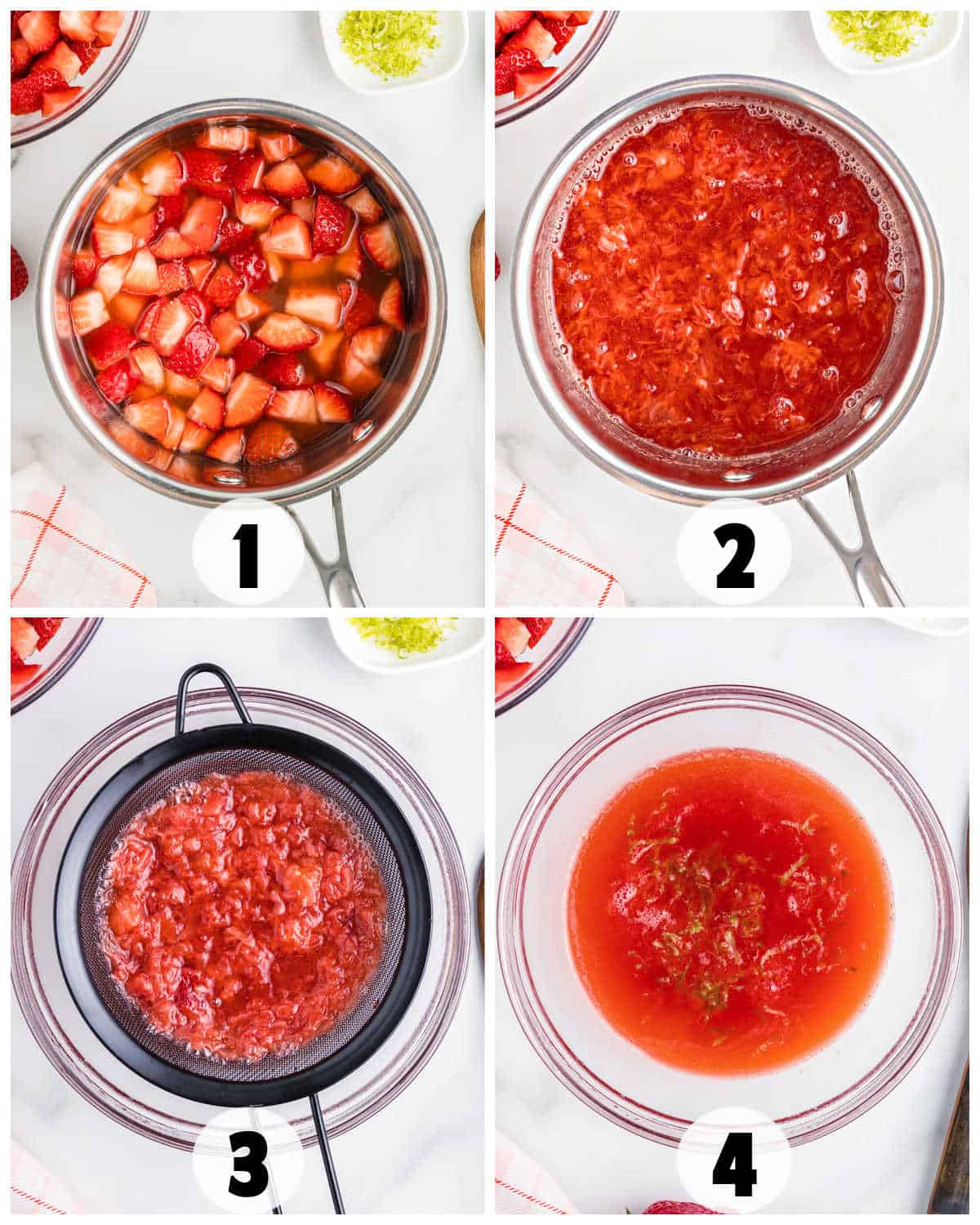 Four-step process of making strawberry syrup for strawberry tiramisu: chopped strawberries in a pot, mashed in a bowl, strained through a sieve, and finished syrup in a bowl.