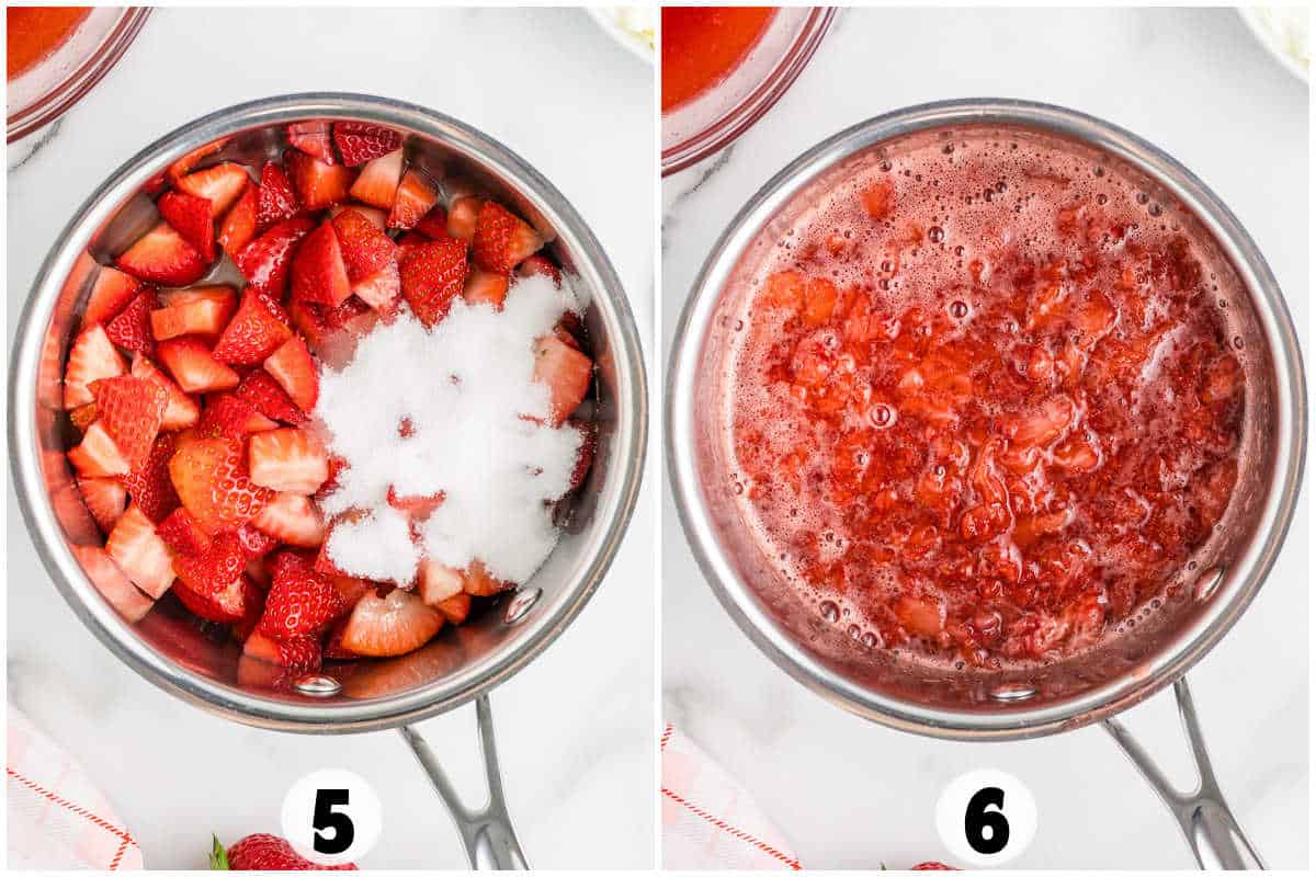 Side-by-side images: sliced strawberries with sugar in a saucepan on the left, and the simmered, softened mixture on the right—key steps for making strawberry tiramisu. Both saucepans are numbered 5 and 6.