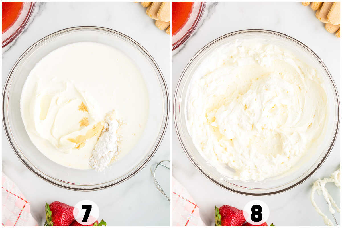 Two side-by-side bowls: left shows cream, sugar, and vanilla before mixing; right displays the whipped, fluffy mixture—perfect for making strawberry tiramisu. Both bowls are numbered 7 and 8.