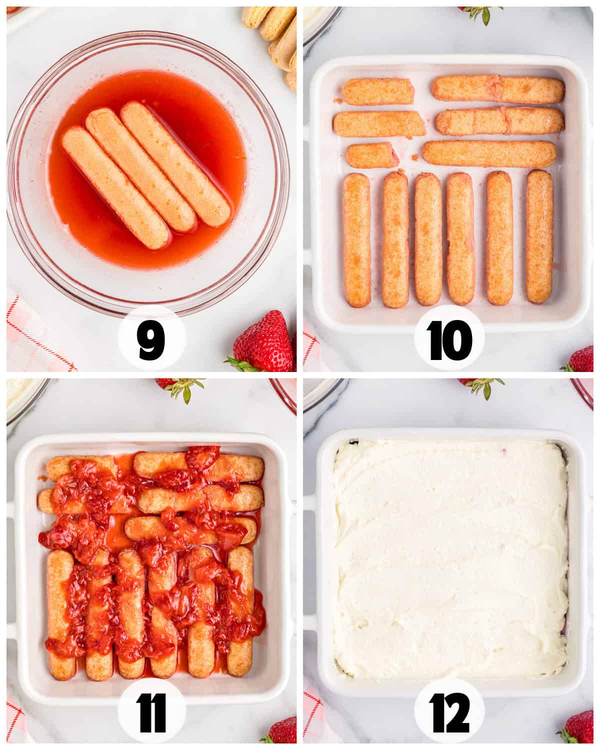Four-step collage showing strawberry tiramisu: ladyfingers dipped in strawberry mixture, layered in a dish, topped with more strawberry mixture, then covered with cream. Steps are numbered 9 to 12.