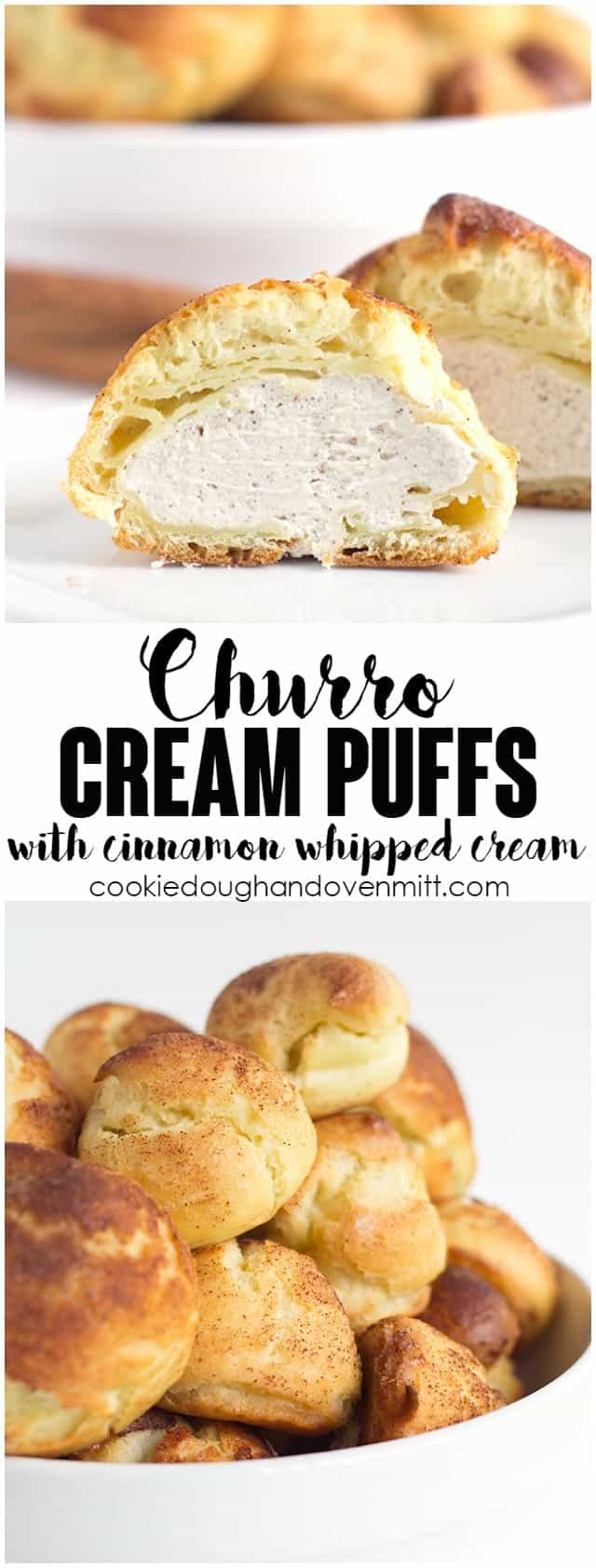 Churro Cream Puffs - easy cream puffs topped with cinnamon and sugar and filled with a cinnamon whipped cream.