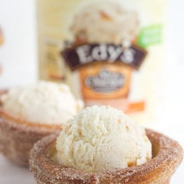 Churro Ice Cream Cups that are easy to make and fun to eat! They're piped on cupcake tins for the perfect serving size and baked, not fried, so they're a little better for you. They're perfect for summer parties and everyone eats their cup so no dirty dishes.