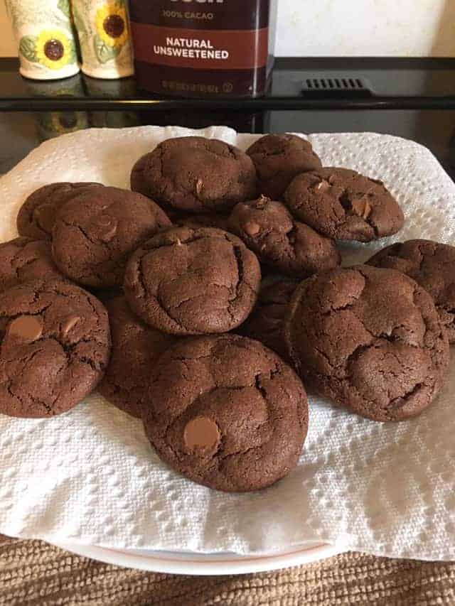 Double Chocolate Chip Pudding Cookies - tender chocolate chocolate pudding cookies are loaded with chocolate pudding and chocolate chips. They're so soft too! Talk about highly addictive! A plate of double chocolate chip pudding cookies on a paper towel