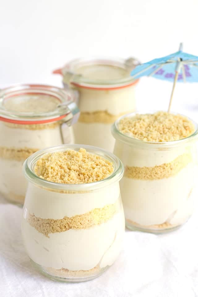 no bake trifles on a white fabric and in glass containers