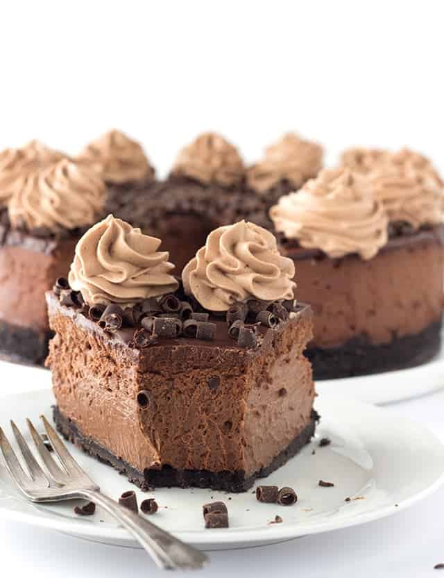 Decadent Triple Chocolate Cheesecake - I'm taking this cheesecake to the next level just for my chocolate lovers! There's a chocolate oreo crust, rich chocolate cheesecake filling and topped with a milk chocolate ganache, chocolate whipped cream and chocolate curls! 