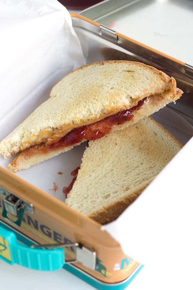 Toasted Peanut Butter and Jelly Sandwich in a small lunch box