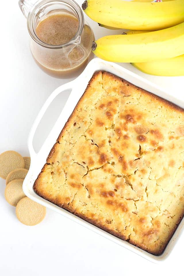 Pan of bananas foster pancake casserole with buttered rum sauce and bananas