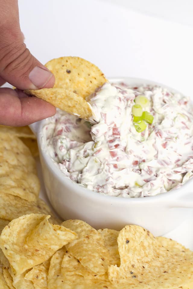 Chipped Beef Dip - This chipped beef dip recipe makes an amazing appetizer for any party. It has dried beef, green onions, and peperoncini in it. It goes great with veggies and bread! This is an easy chip beef recipe that uses dried beef. #appetizer #diprecipe #gamedayrecipes #gamedayfood #partyfood Chipped Beef Dip with Peperoncini - A quick and simple dip recipe that tastes amazing! The dip is salty, tangy, and the perfect appetizer!