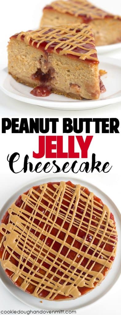 Peanut Butter and Jelly Cheesecake - rich, peanut butter cheesecake with pockets of jam throughout it! Jazz the top up with jelly and a drizzle of peanut butter!