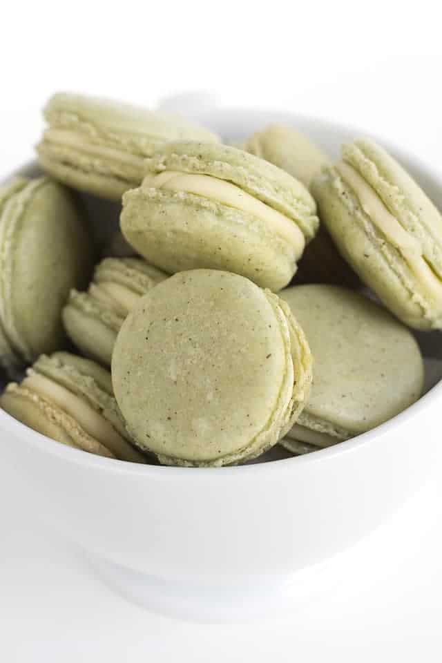 bowl of french macarons in a white bowl