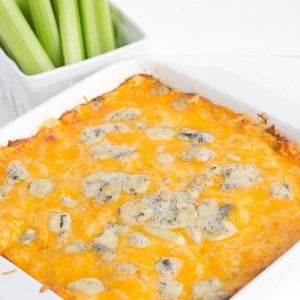 A cheesy casserole dish with buffalo chicken dip.