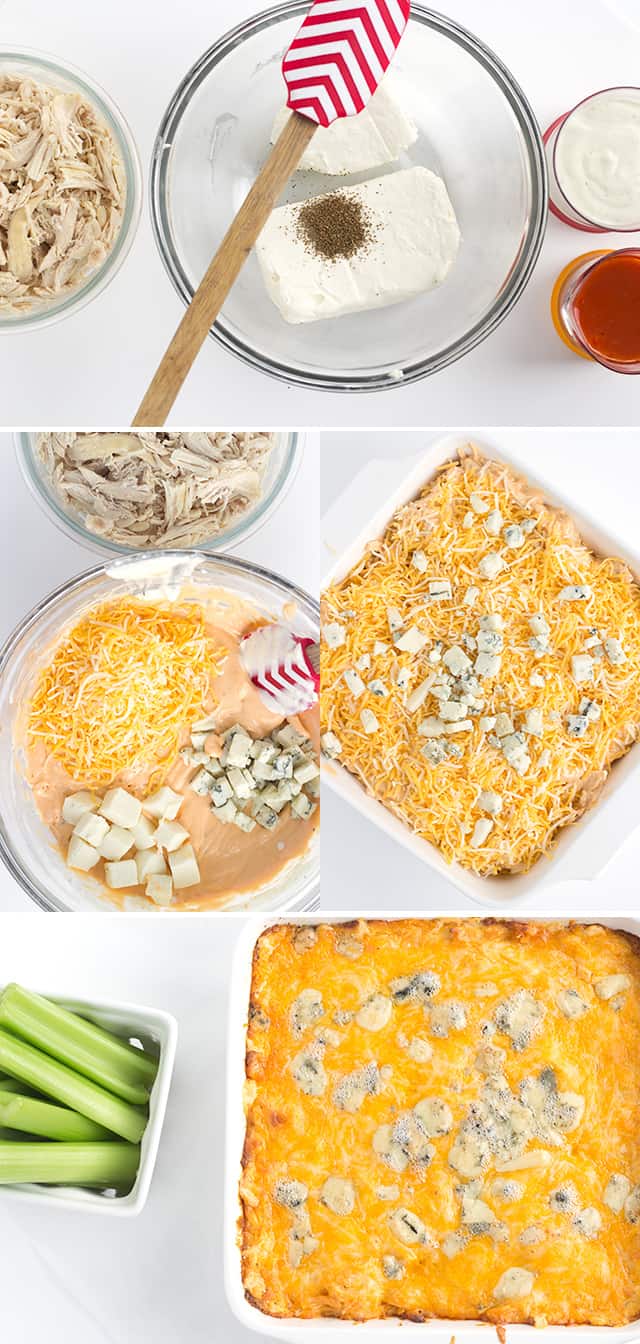 photo collage of images showing how to make an easy Buffalo chicken dip recipe