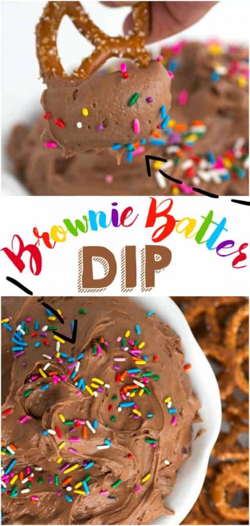 Brownie batter dip served with pretzels and sprinkles.