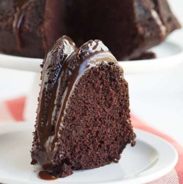 slice of chocolate bundt cake on plate