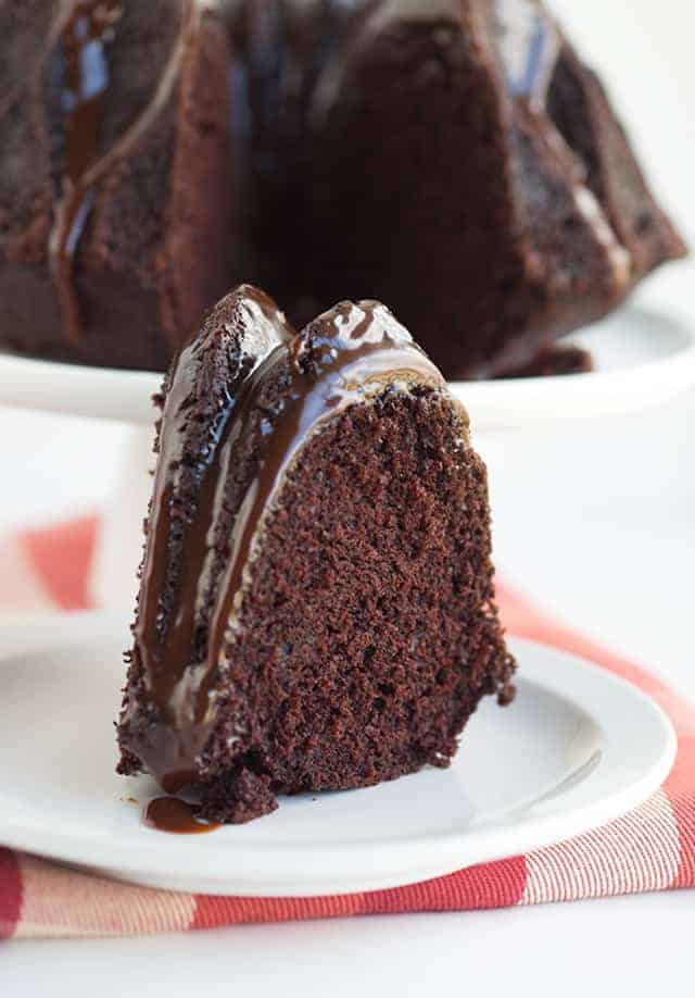 slice of chocolate bundt cake on plate