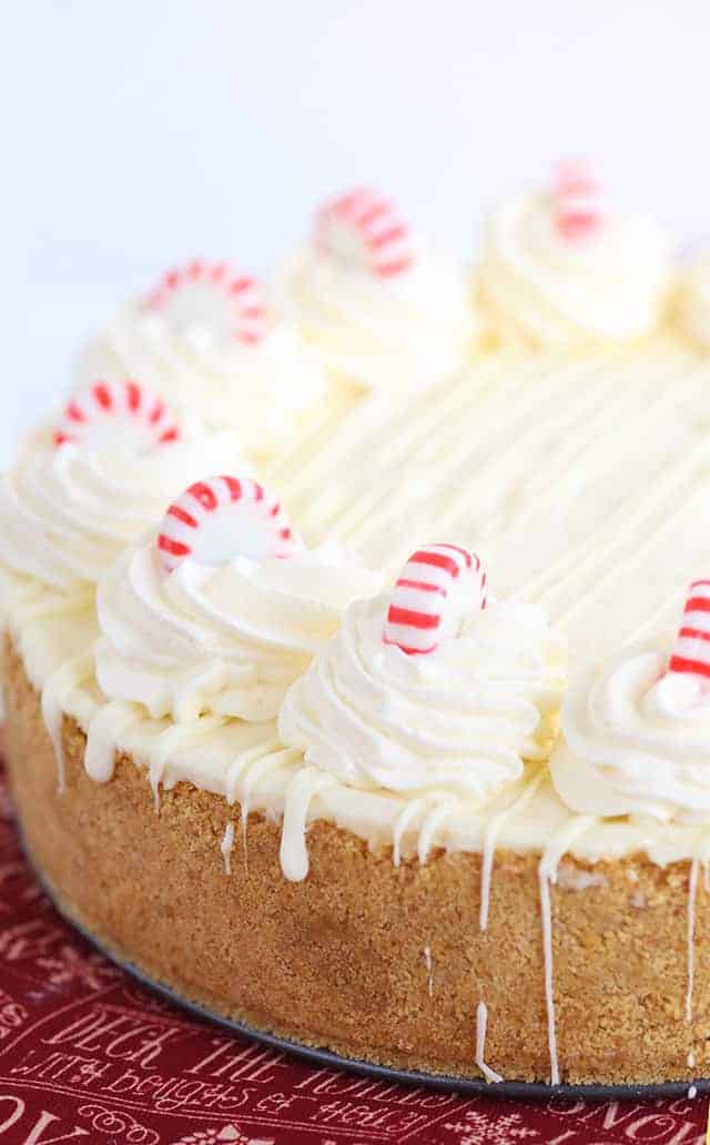 white chocolate peppermint cheesecake with a drizzle of white chocolate down the sides