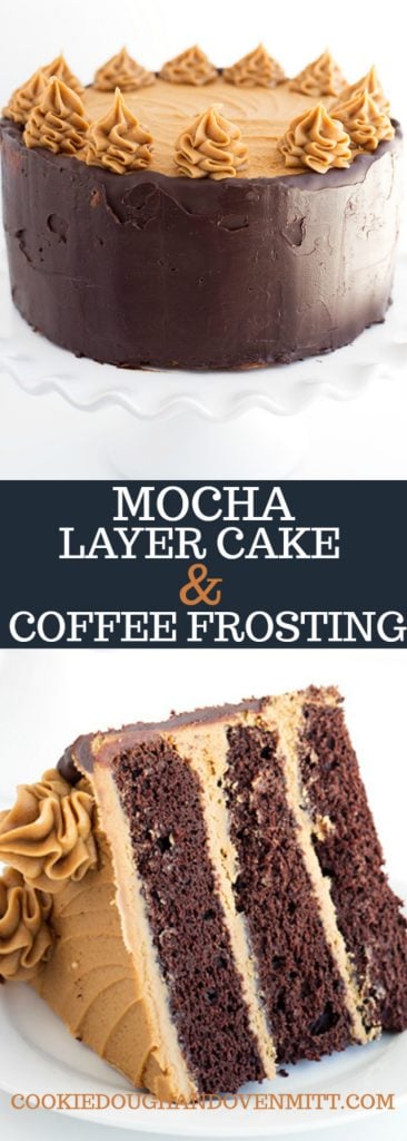 This dense chocolate mocha layer cake with coffee frosting will excite any coffee lover or chocolate cake fanatic. The chocolate cake has strong coffee baked into it, a drizzle of coffee simple syrup to moisten it, a healthy layer of coffee frosting and a chocolate ganache for the finish.