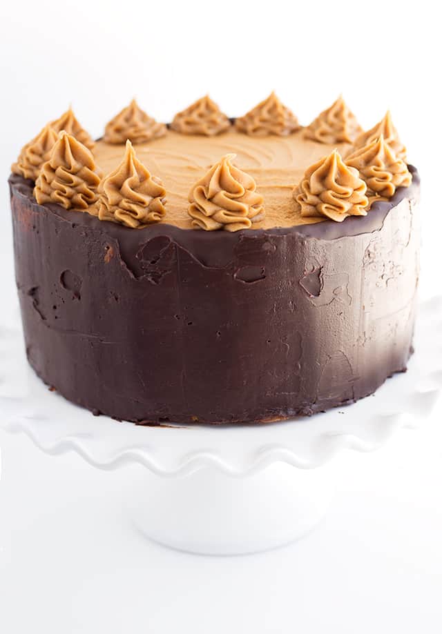 A shot at eye level of mocha layer cake