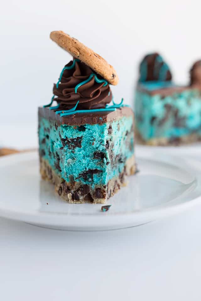 eye level with the cookie monster cheesecake with a bite missing