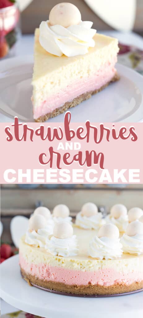 Strawberry cream cheesecake topped with fresh strawberries and creamy goodness.