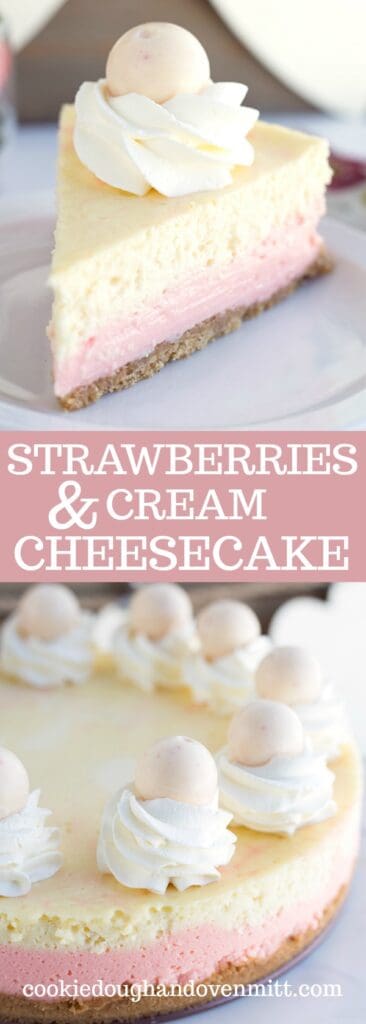 Pinterest collage for strawberries and cream cheesecake