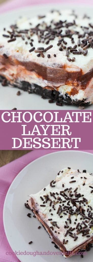 Collage of photos of the chocolate layer dessert for pinterest