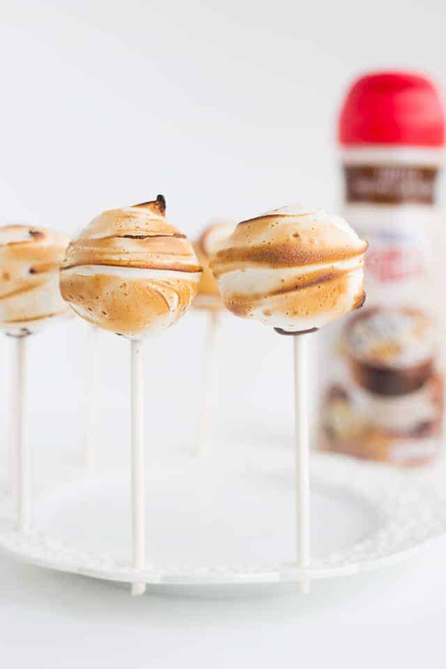 Toasted Marshmallow Mocha Truffles on a stick with a white plate holding them