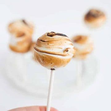 A person holding a toasted marshmallow pop on a stick.