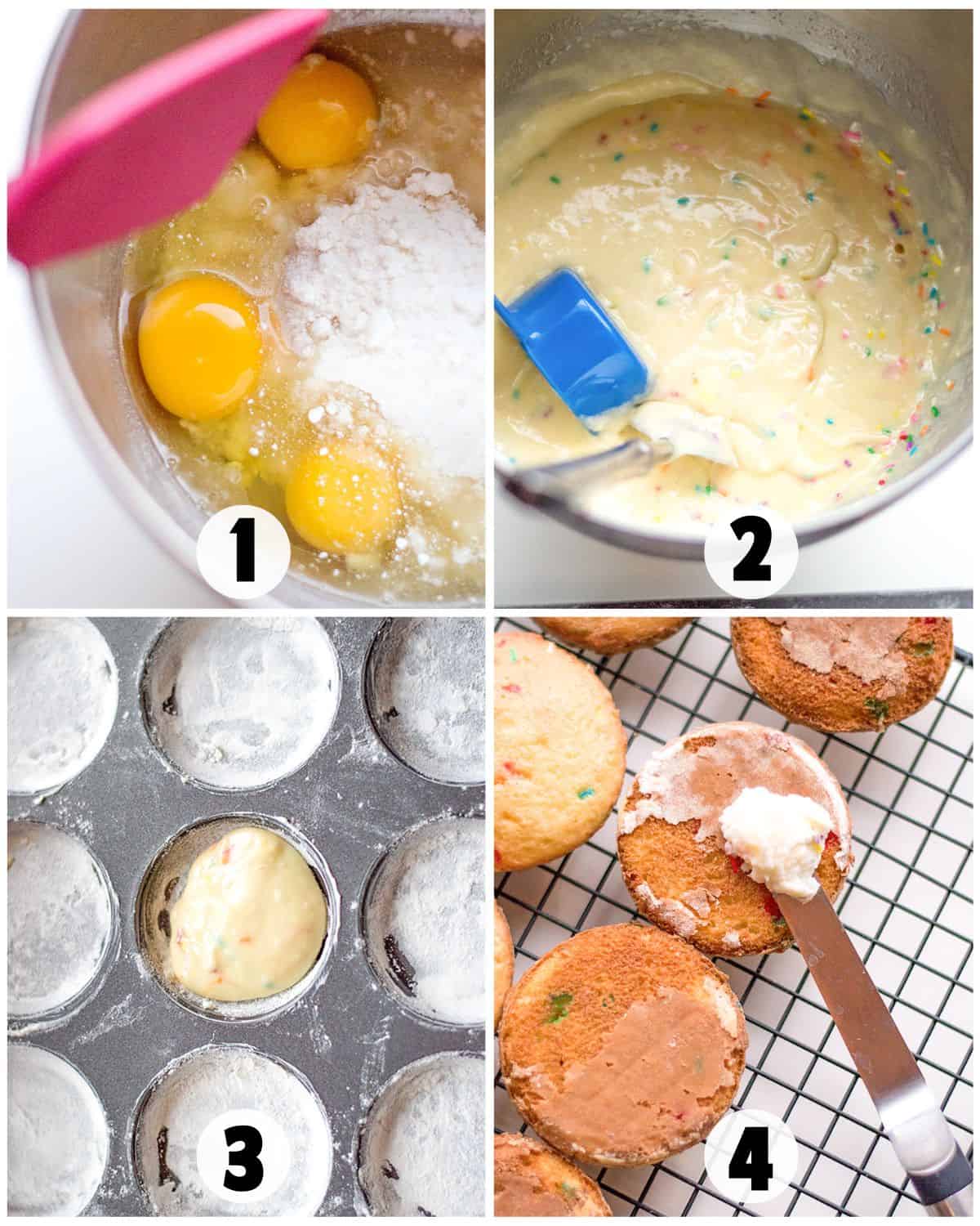 A four-step process of making cupcakes: mixing eggs and flour or cake mix, stirring batter with sprinkles, filling the tin for cupcakes or whoopie pies, and frosting cooled treats on a wire rack.