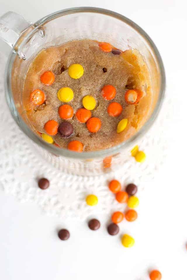 Close up of peanut butter mug cake shot overhead