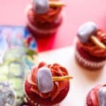 Thor Cupcakes decorated with a hammer and thorns.