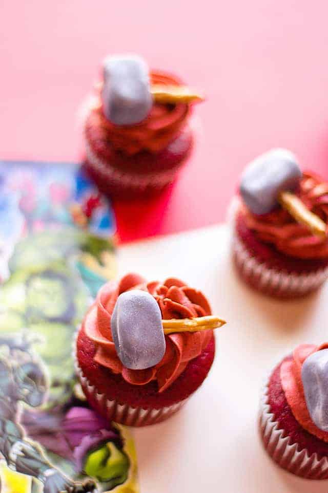 Thor Cupcakes decorated with a hammer and thorns.