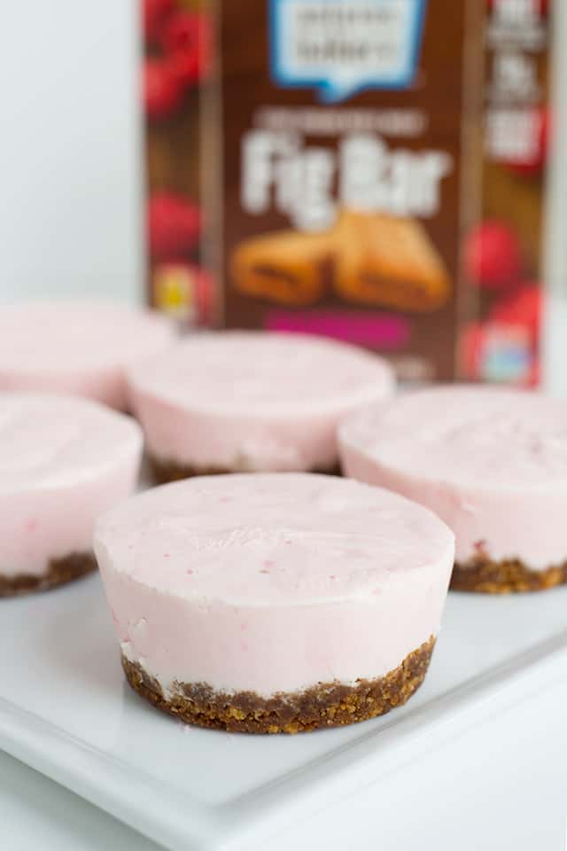 Close up of mini raspberry frozen yogurt pies on white plate