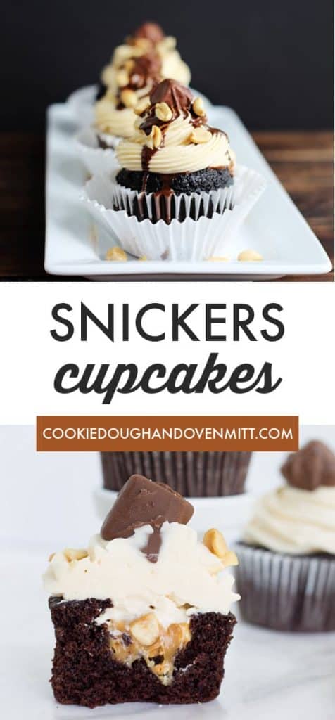 Snickers cupcakes with indulgent frosting.