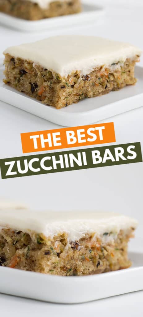 collage of zucchini bars on white dessert plate with text in the middle