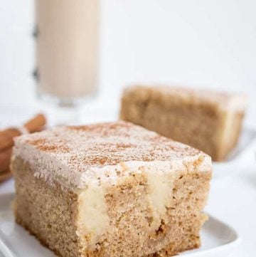 up close of chai latte poke cake showing pudding